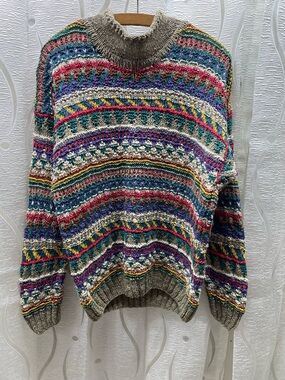 Simons Fair Isle Sweater Women Large Multi Color Excellent Chunky Mock Neck Knit